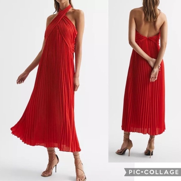 NWT REISS Roya Halter Neck Pleated Midi Dress Red Valentines Date Sz 2 - Picture 1 of 16